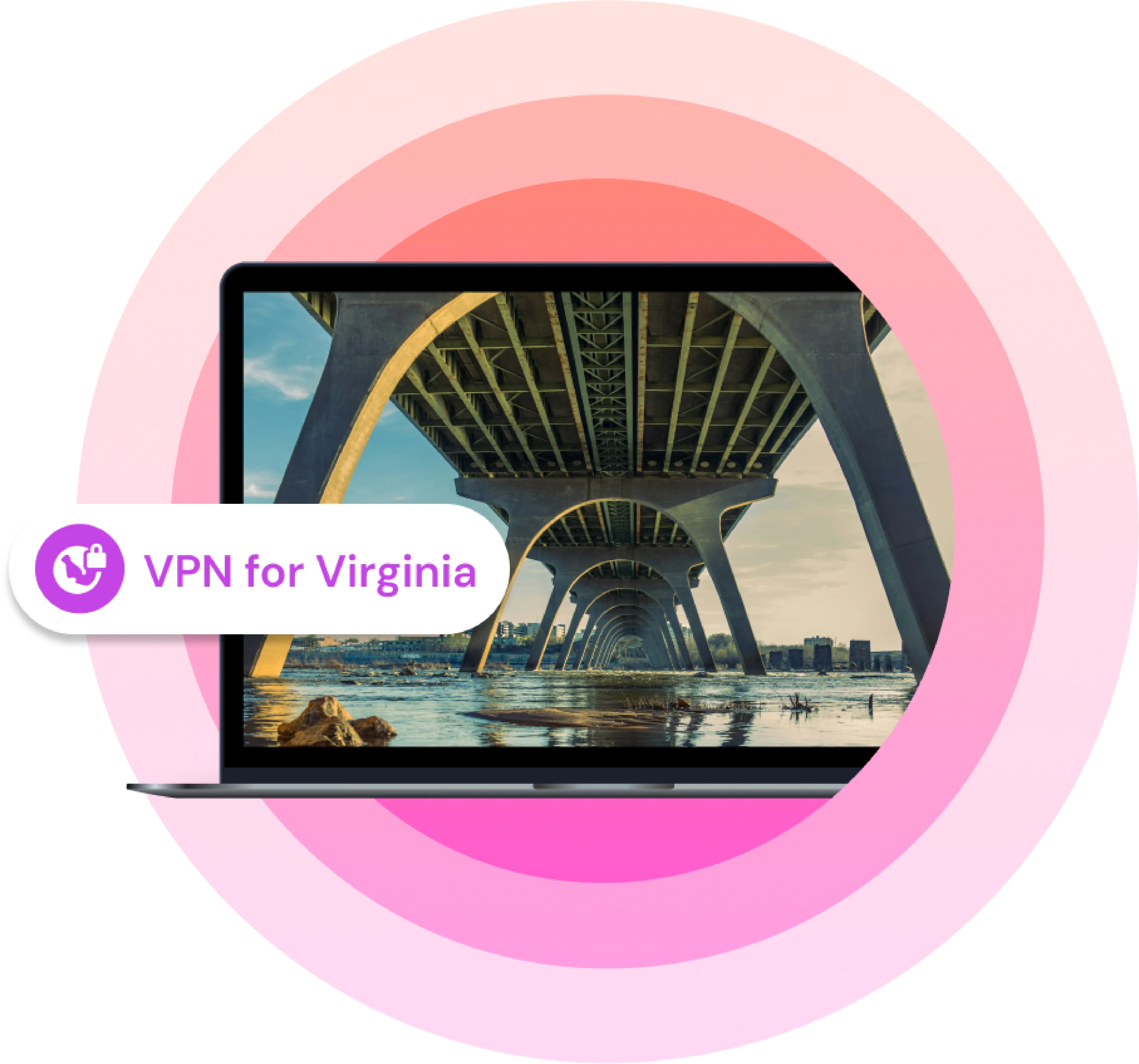 Illustration showing a laptop with a picture of a Virginia city on it with the text "VPN for Virginia" next to it